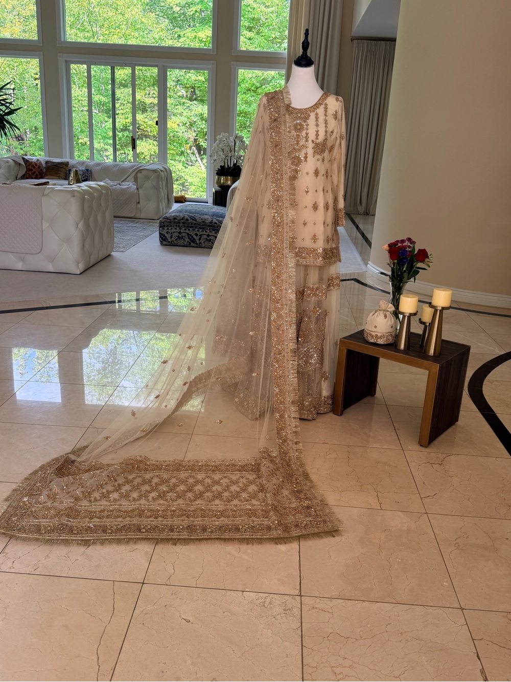 Elegant Gold Embellished Formal lehnga Dress.